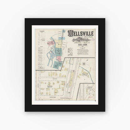 Old map wall art mockup — black gallery frame with white mat — Sanborn Fire Insurance Map from Wellsville, Allegany County, New York (1886) - Complete Map Set