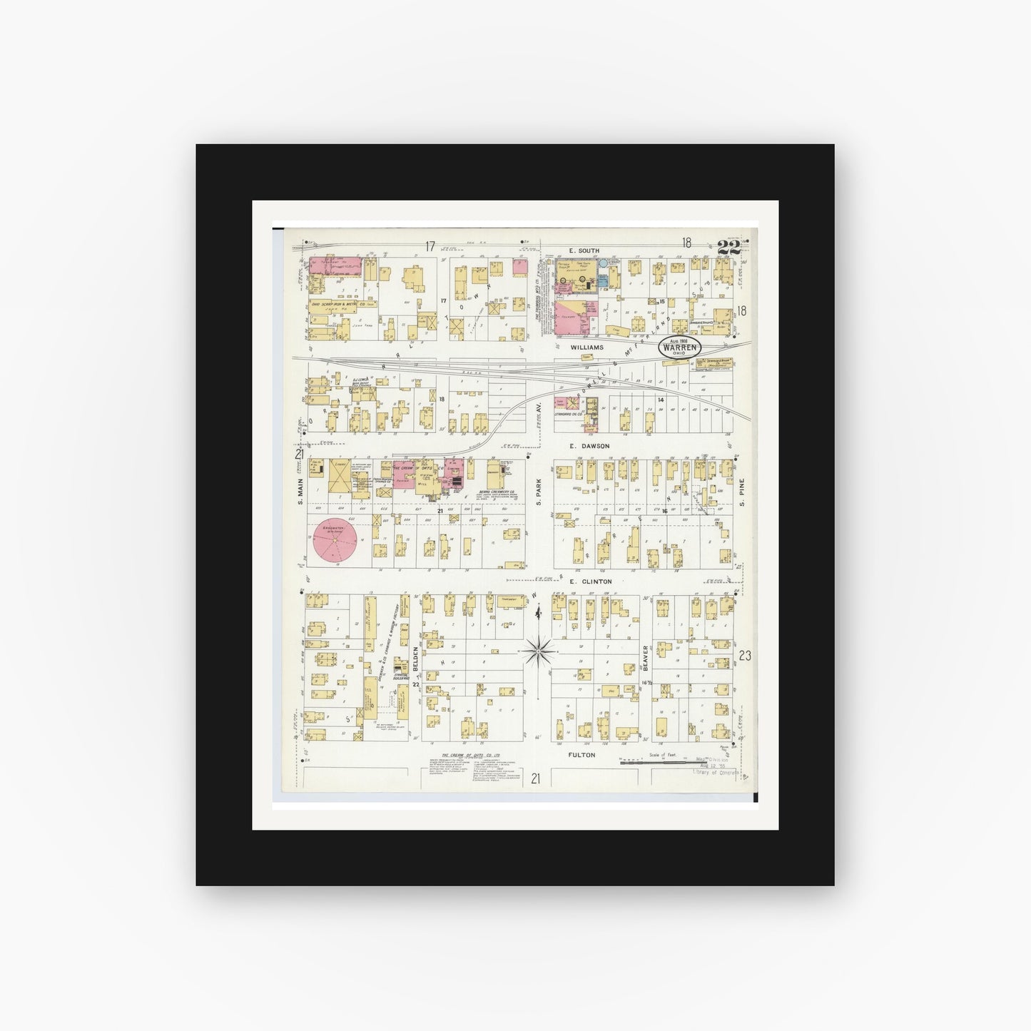 Old map wall art mockup — black gallery frame with white mat — Sanborn Fire Insurance Map from Warren, Trumbull County, Ohio (1908), Sheet #0022