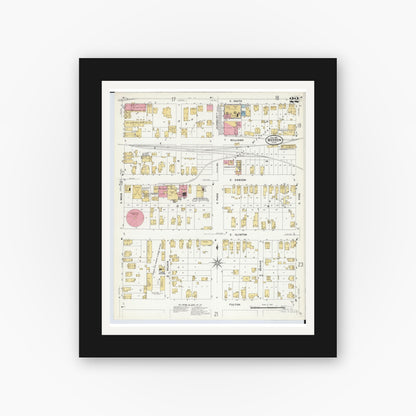 Old map wall art mockup — black gallery frame with white mat — Sanborn Fire Insurance Map from Warren, Trumbull County, Ohio (1908), Sheet #0022