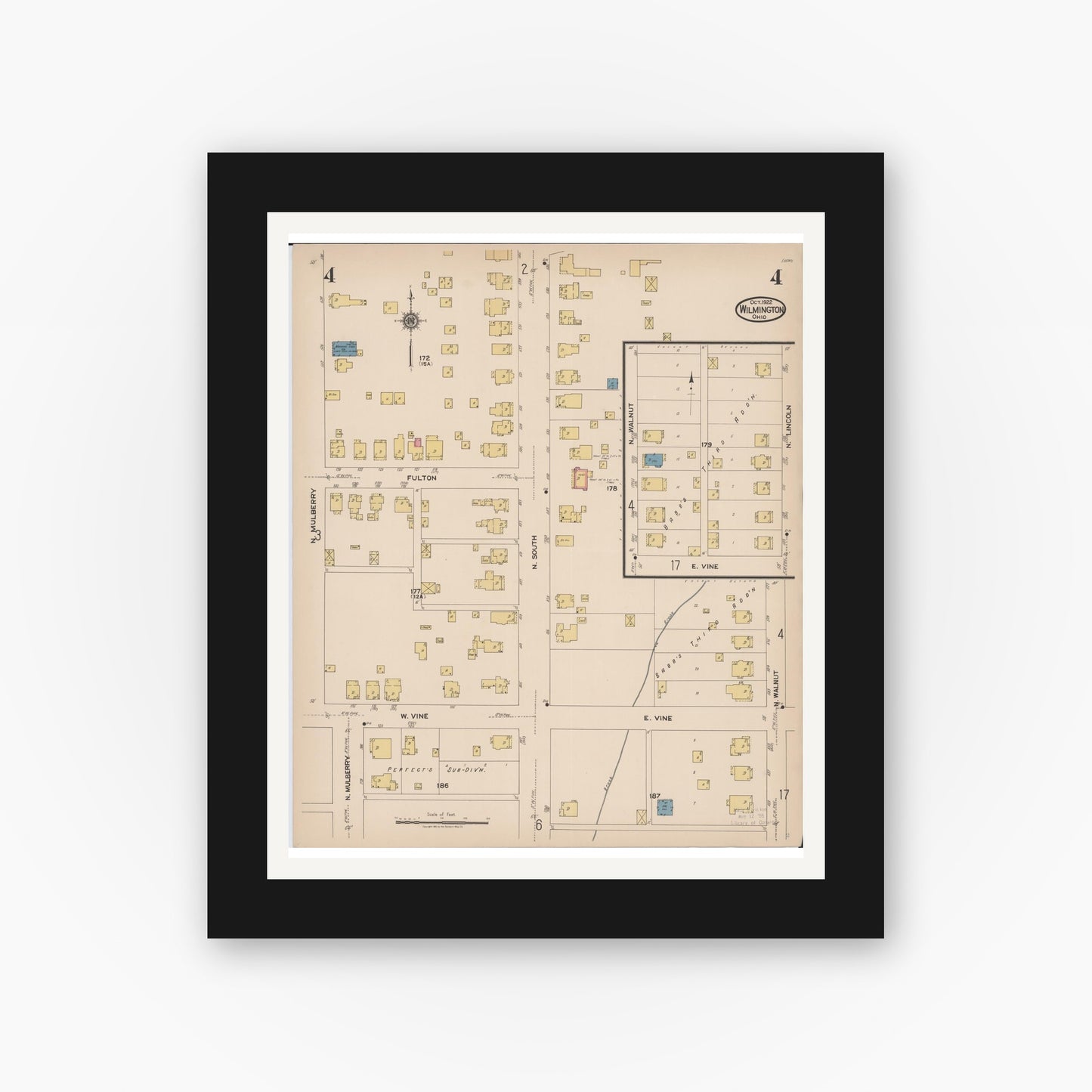 Old map wall art mockup — black gallery frame with white mat — Sanborn Fire Insurance Map from Wilmington, Clinton County, Ohio (1922), Sheet #0004