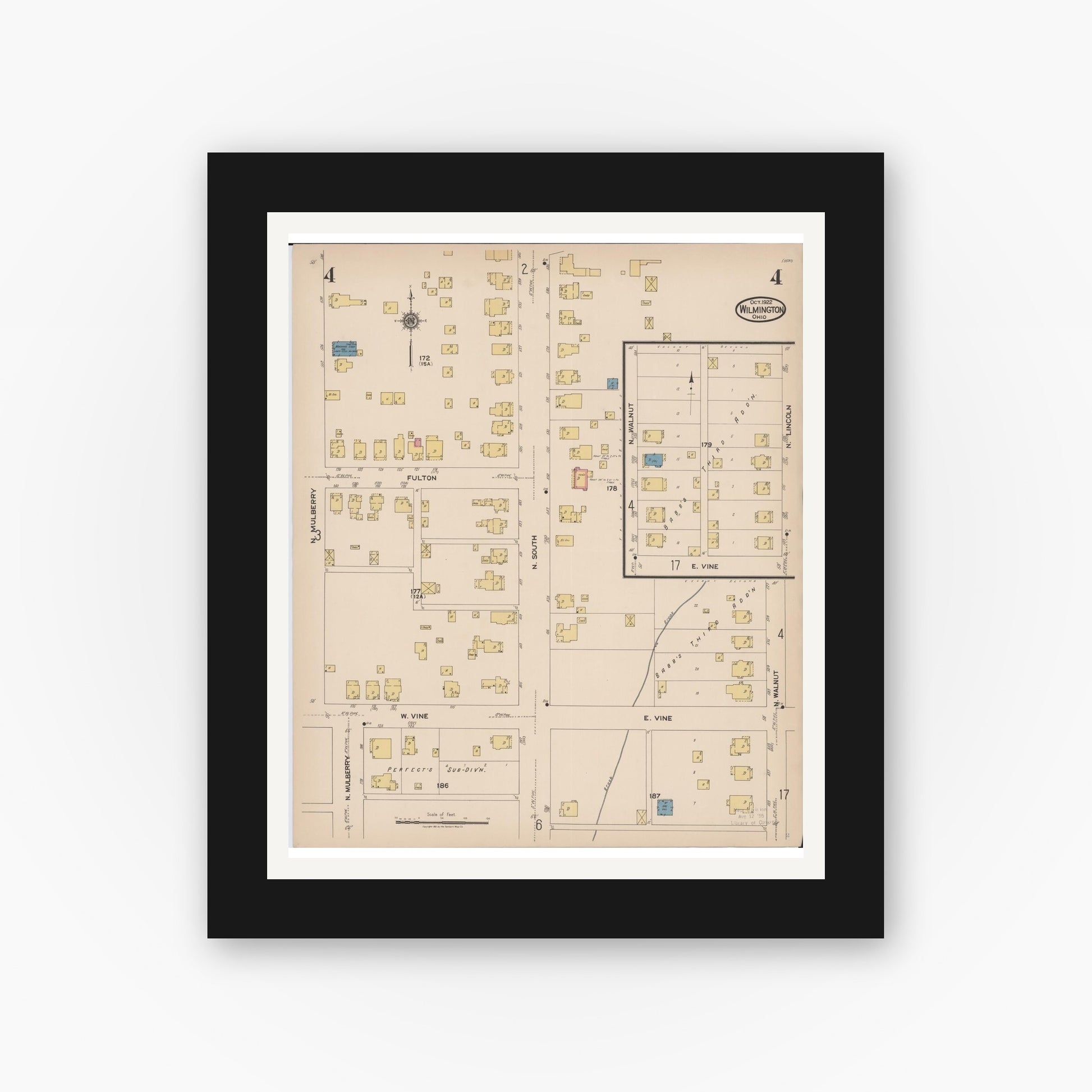 Old map wall art mockup — black gallery frame with white mat — Sanborn Fire Insurance Map from Wilmington, Clinton County, Ohio (1922), Sheet #0004