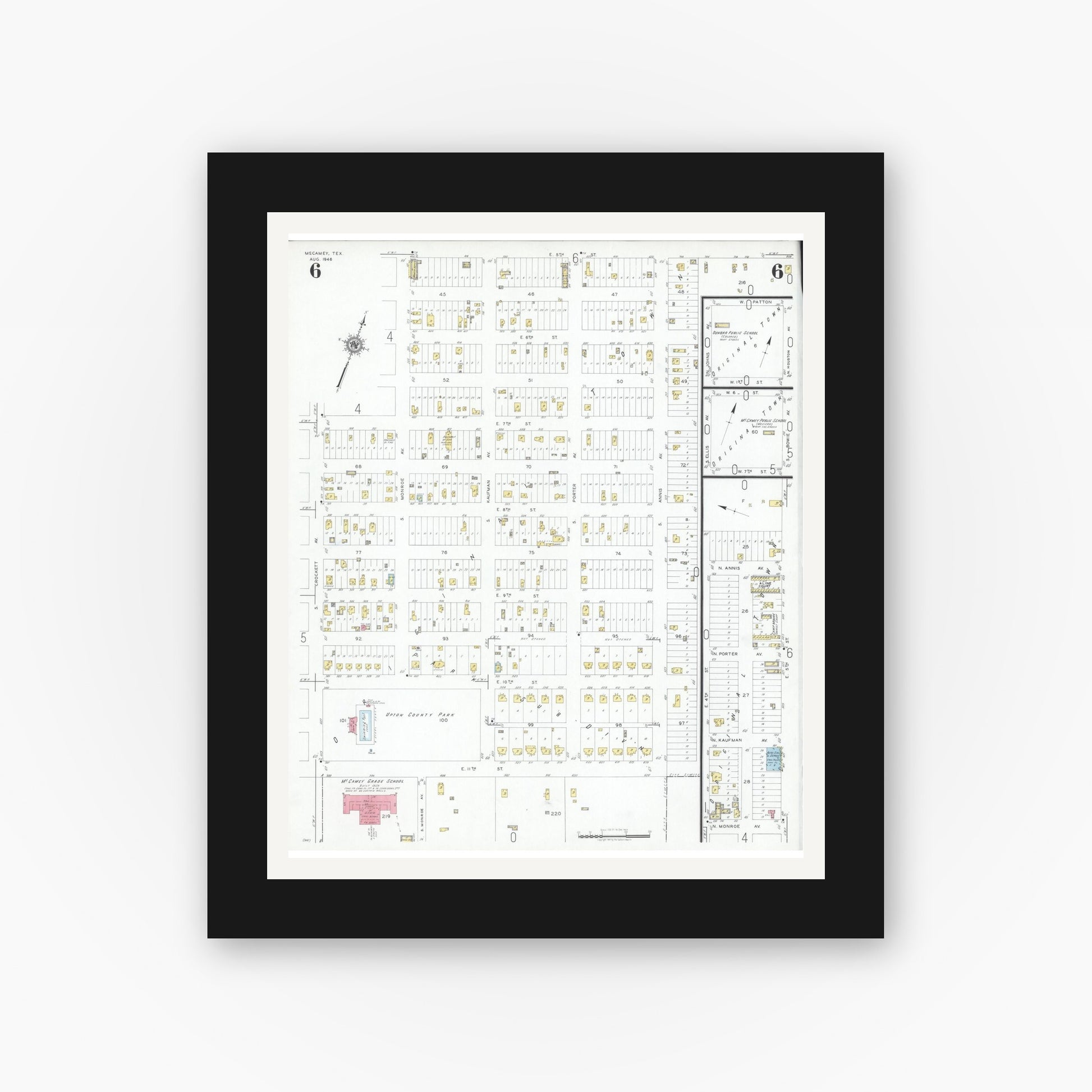 Old map wall art mockup — black gallery frame with white mat — Sanborn Fire Insurance Map from McCamey, Upton County, Texas (1946), Sheet #0006