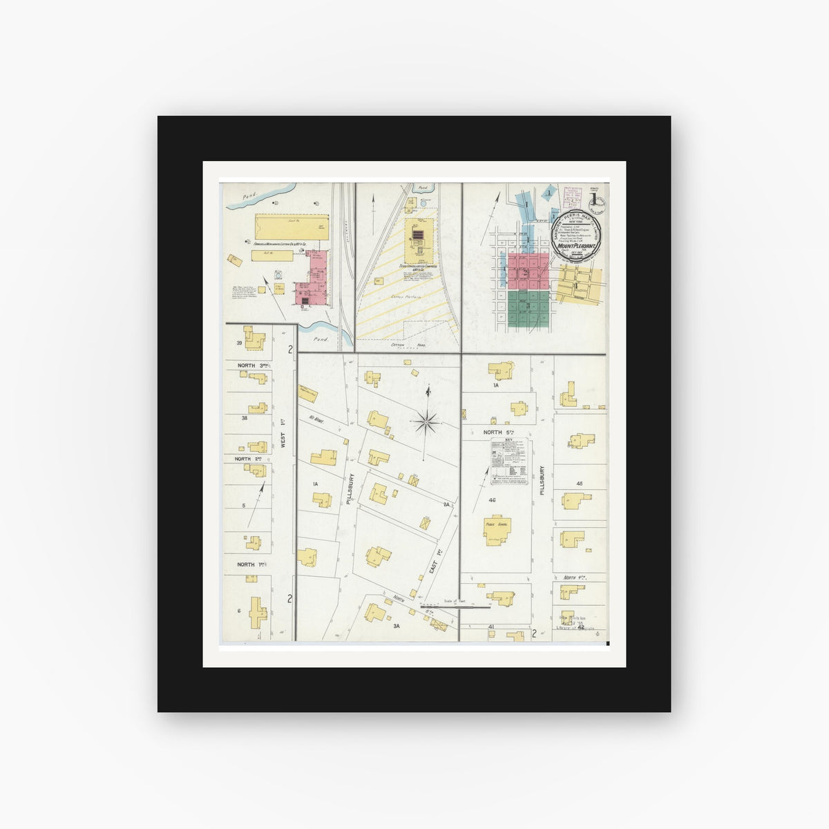 Old map wall art mockup — black gallery frame with white mat — Sanborn Fire Insurance Map from Mount Pleasant, Titus County, Texas (1901), Sheet #0001