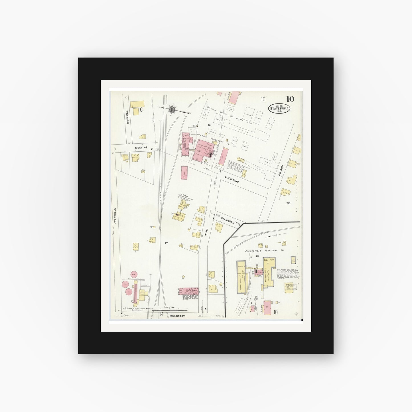 Old map wall art mockup — black gallery frame with white mat — Sanborn Fire Insurance Map from Statesville, Iredell County, North Carolina (1911), Sheet #0010