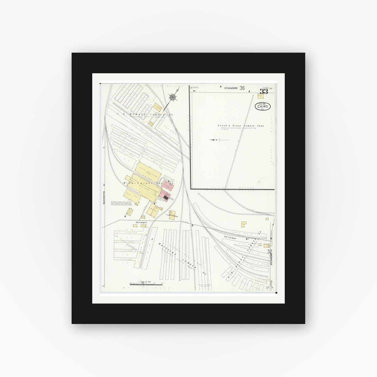 Old map wall art mockup — black gallery frame with white mat — Sanborn Fire Insurance Map from Cairo, Alexander County, Illinois (1914), Sheet #0033