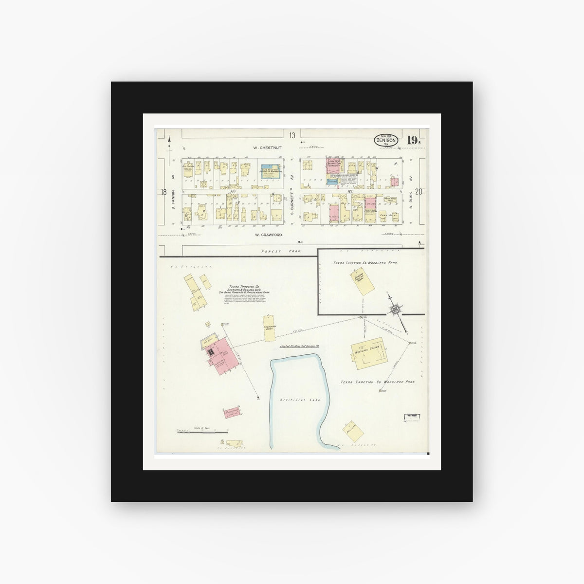 Old map wall art mockup — black gallery frame with white mat — Sanborn Fire Insurance Map from Denison, Grayson County, Texas (1914), Sheet #0019