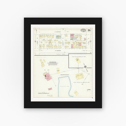 Old map wall art mockup — black gallery frame with white mat — Sanborn Fire Insurance Map from Denison, Grayson County, Texas (1914), Sheet #0019