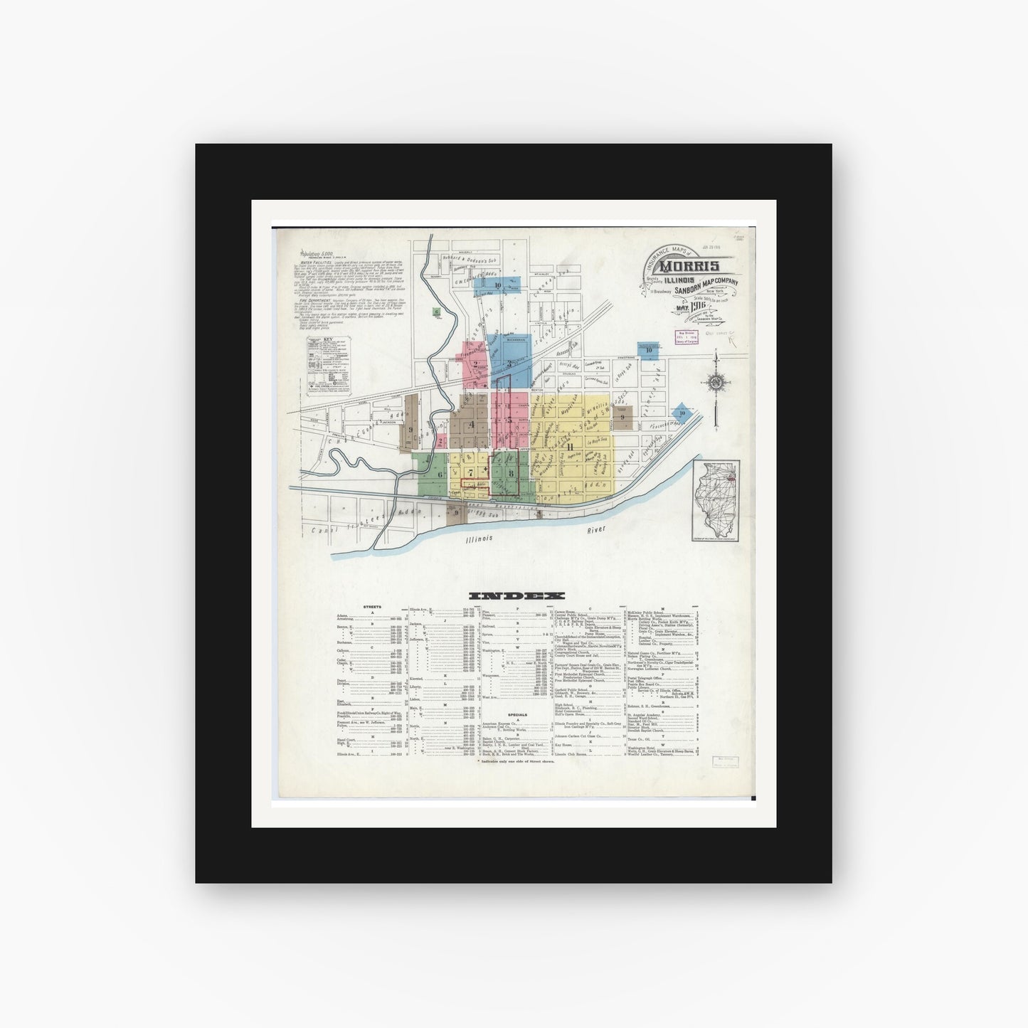 Old map wall art mockup — black gallery frame with white mat — Sanborn Fire Insurance Map from Morris, Grundy County, Illinois (1916) - Complete Map Set