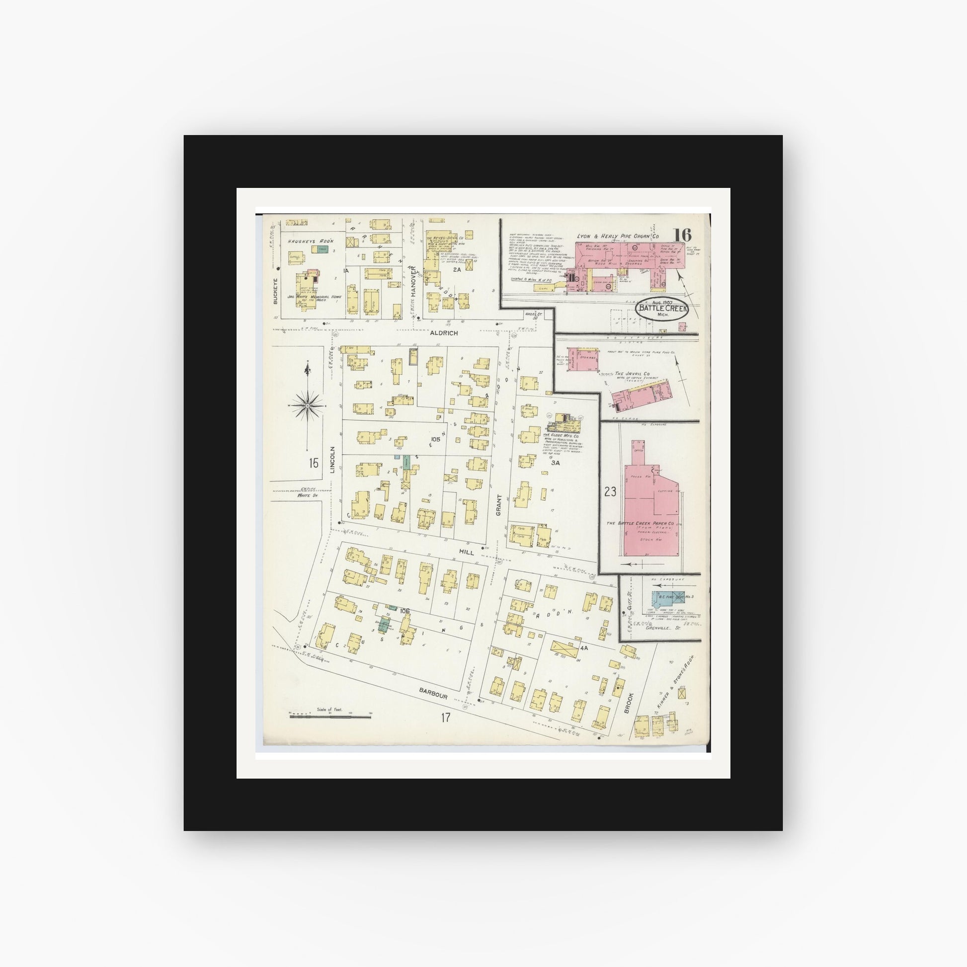 Old map wall art mockup — black gallery frame with white mat — Sanborn Fire Insurance Map from Battle Creek, Calhoun County, Michigan (1907), Sheet #0016