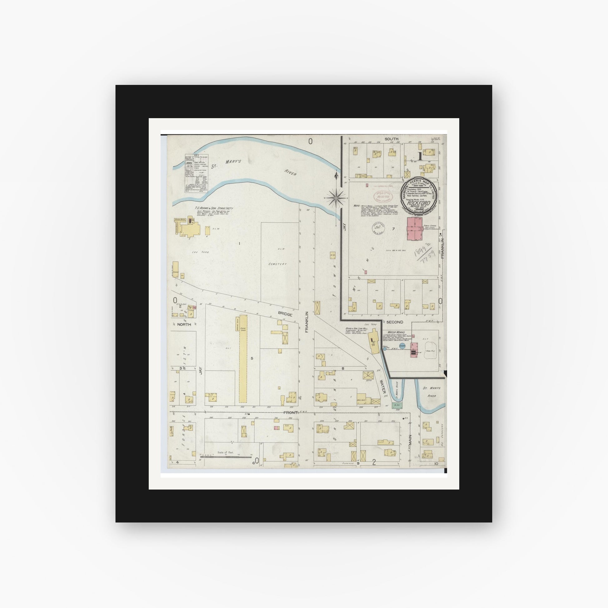 Old map wall art mockup — black gallery frame with white mat — Sanborn Fire Insurance Map from Rockford, Mercer County, Ohio (1899), Sheet #0001