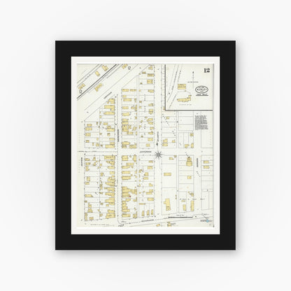 Old map wall art mockup — black gallery frame with white mat — Sanborn Fire Insurance Map from Hurley, Iron County, Wisconsin (1905), Sheet #0012