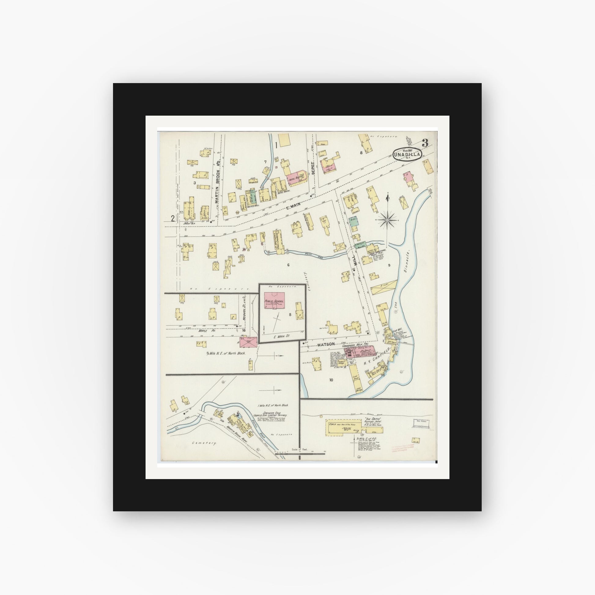 Old map wall art mockup — black gallery frame with white mat — Sanborn Fire Insurance Map from Unadilla, Otsego County, New York (1897), Sheet #0003