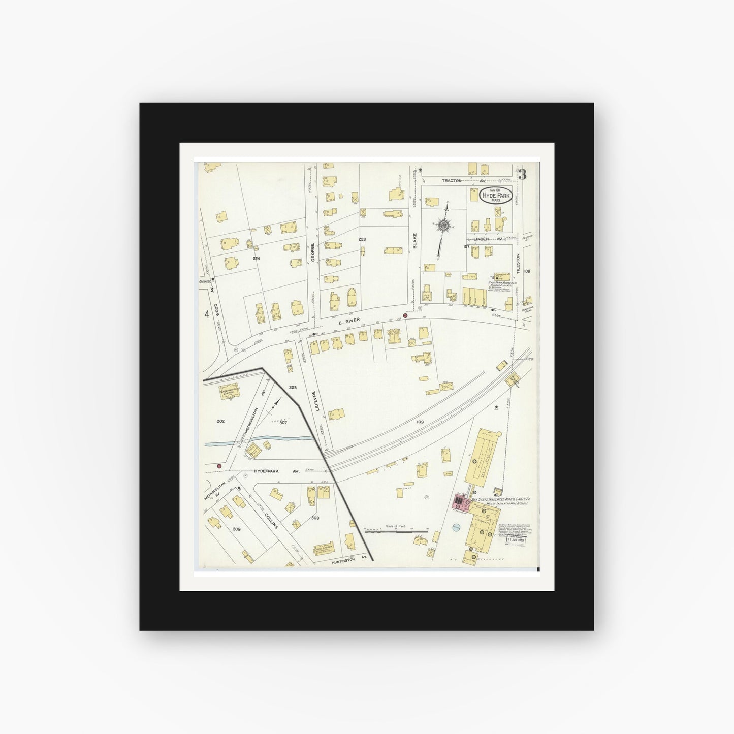 Old map wall art mockup — black gallery frame with white mat — Sanborn Fire Insurance Map from Hyde Park, Norfolk County, Massachusetts (1911), Sheet #0003