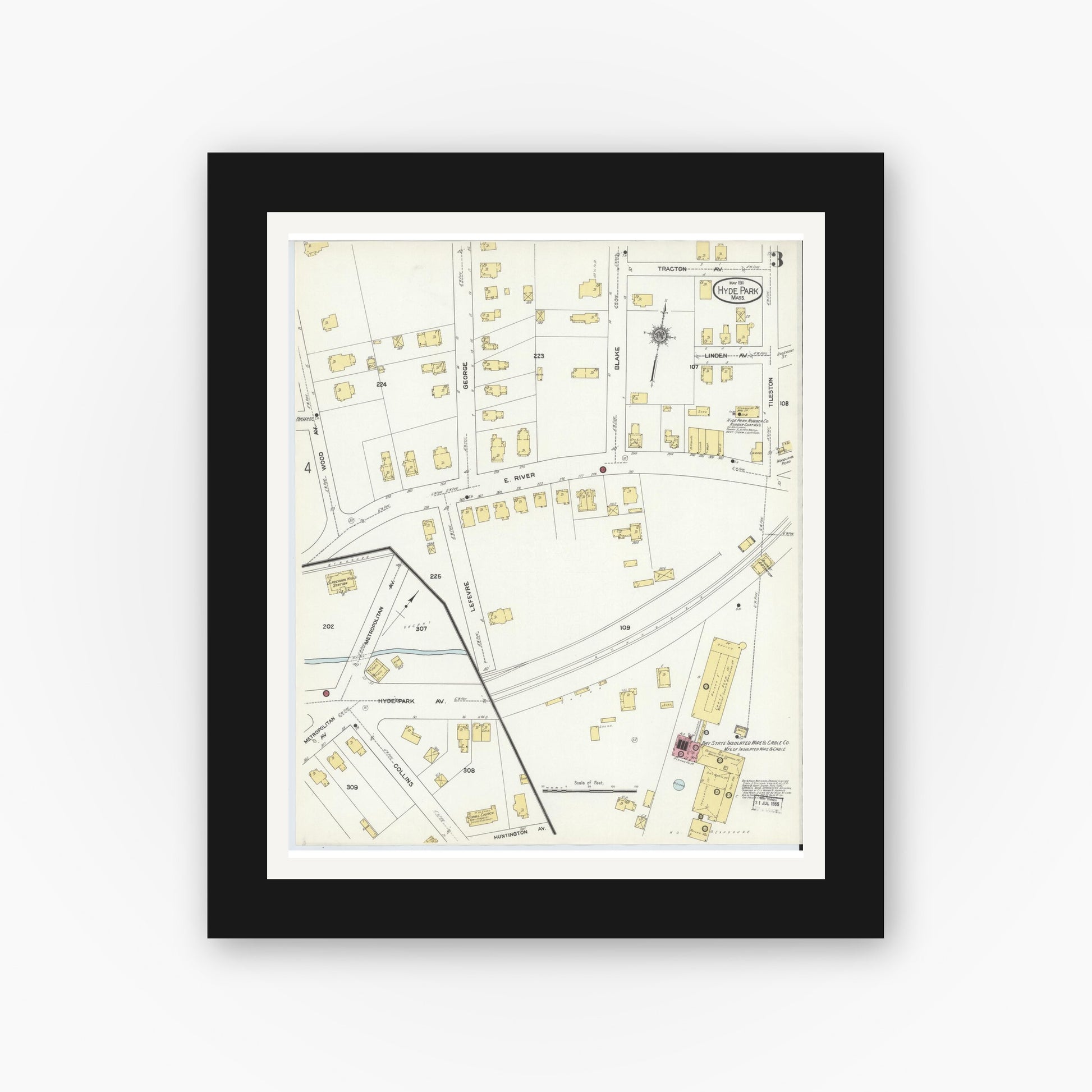 Old map wall art mockup — black gallery frame with white mat — Sanborn Fire Insurance Map from Hyde Park, Norfolk County, Massachusetts (1911), Sheet #0003