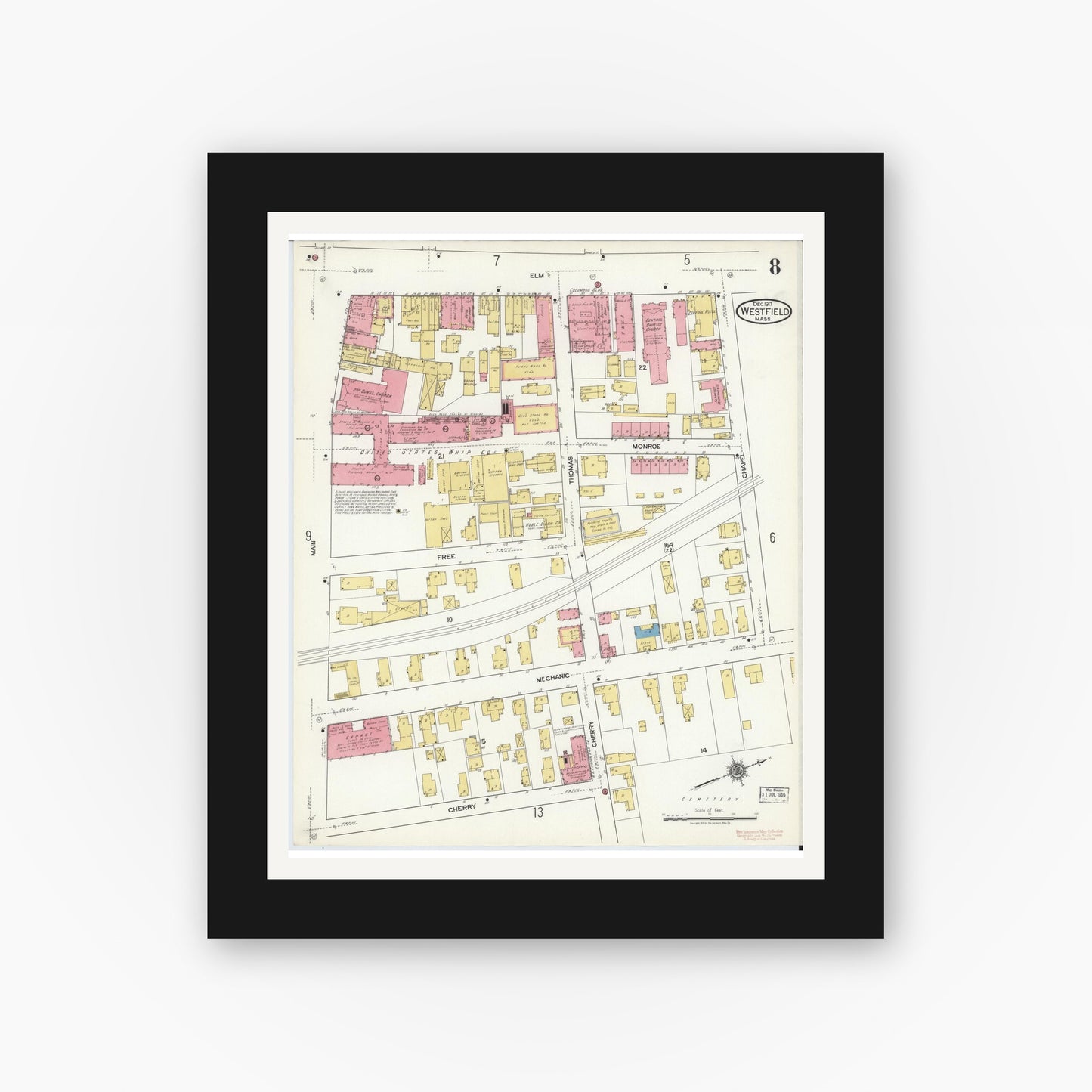 Old map wall art mockup — black gallery frame with white mat — Sanborn Fire Insurance Map from Westfield, Hampden County, Massachusetts (1917), Sheet #0008
