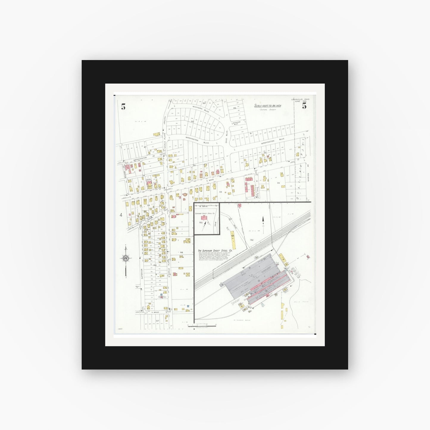Old map wall art mockup — black gallery frame with white mat — Sanborn Fire Insurance Map from Louisville, Stark County, Ohio (1933), Sheet #0005