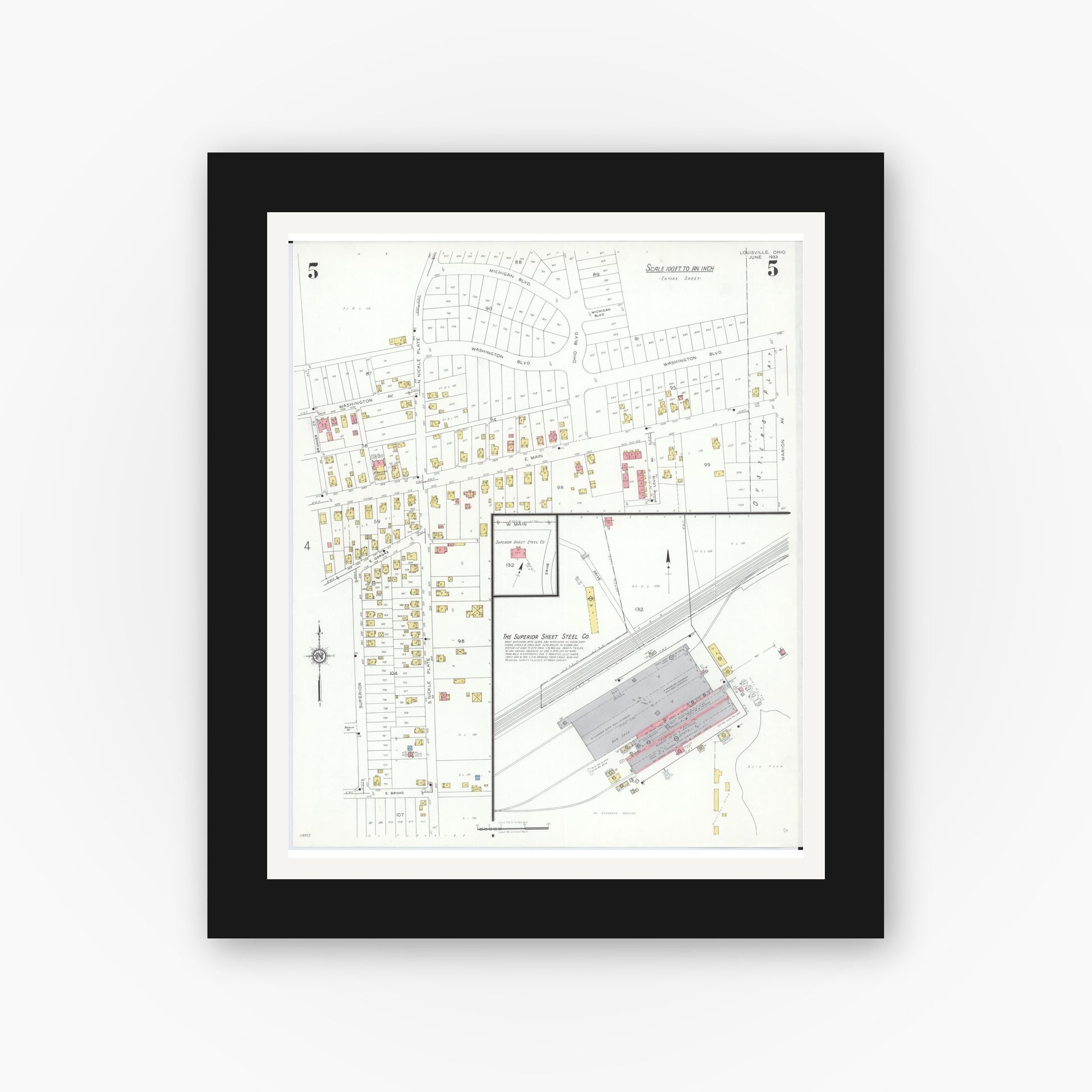 Old map wall art mockup — black gallery frame with white mat — Sanborn Fire Insurance Map from Louisville, Stark County, Ohio (1933), Sheet #0005