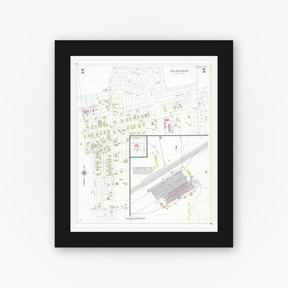 Old map wall art mockup — black gallery frame with white mat — Sanborn Fire Insurance Map from Louisville, Stark County, Ohio (1933), Sheet #0005