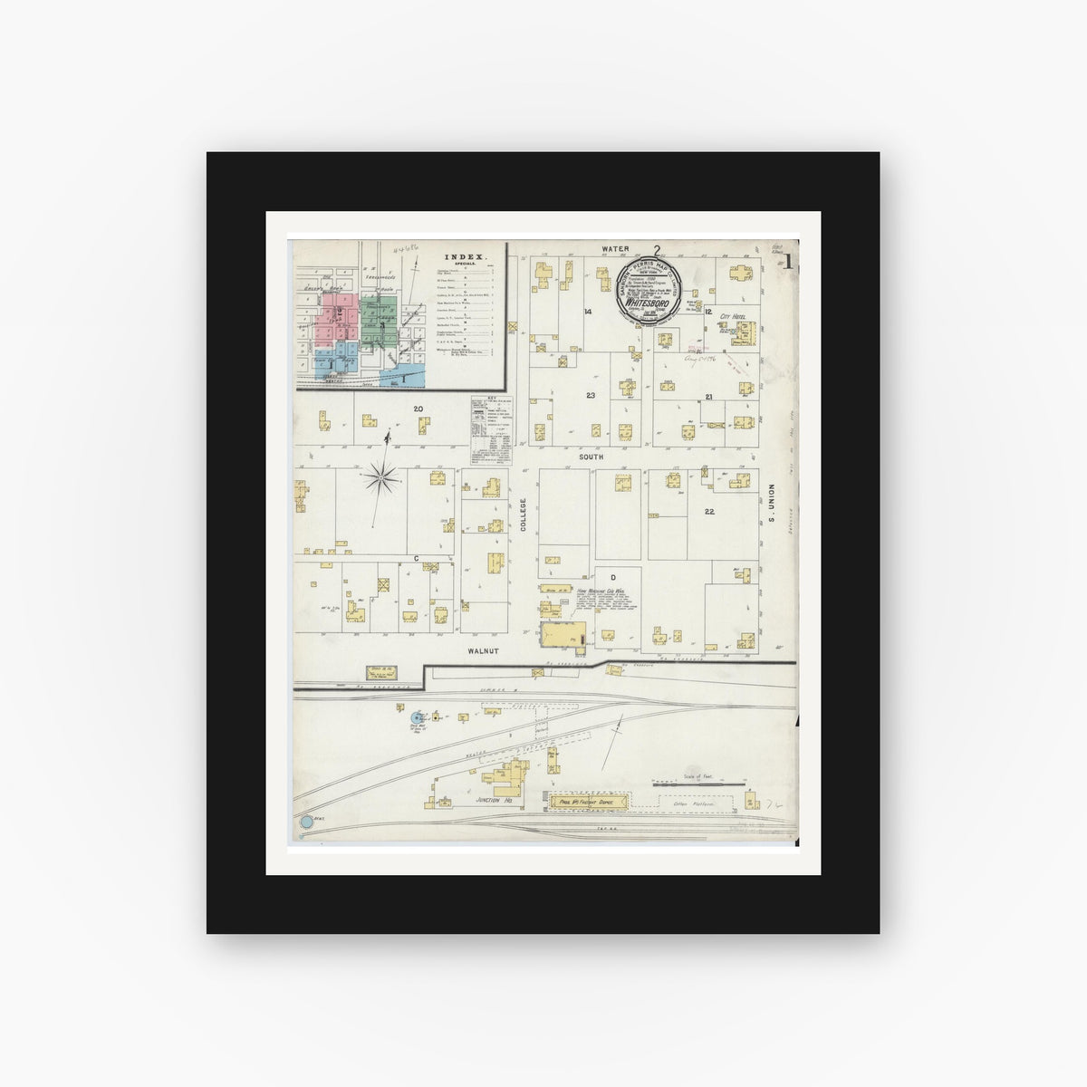Old map wall art mockup — black gallery frame with white mat — Sanborn Fire Insurance Map from Whitesboro, Grayson County, Texas (1896), Sheet #0001