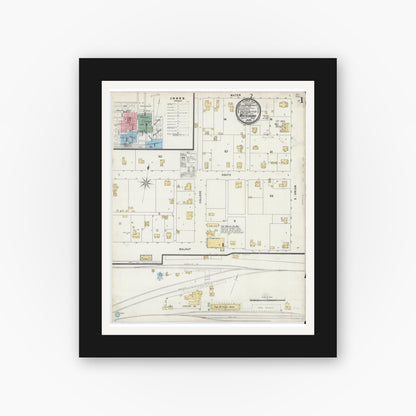 Old map wall art mockup — black gallery frame with white mat — Sanborn Fire Insurance Map from Whitesboro, Grayson County, Texas (1896), Sheet #0001