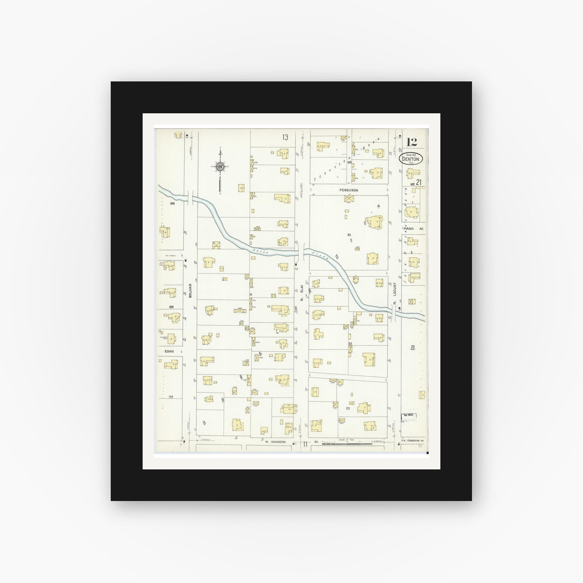 Old map wall art mockup — black gallery frame with white mat — Sanborn Fire Insurance Map from Denton, Denton County, Texas (1912), Sheet #0012