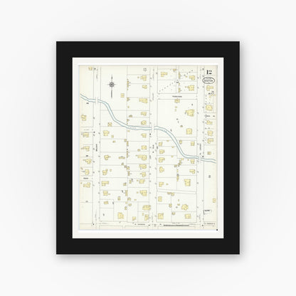 Old map wall art mockup — black gallery frame with white mat — Sanborn Fire Insurance Map from Denton, Denton County, Texas (1912), Sheet #0012