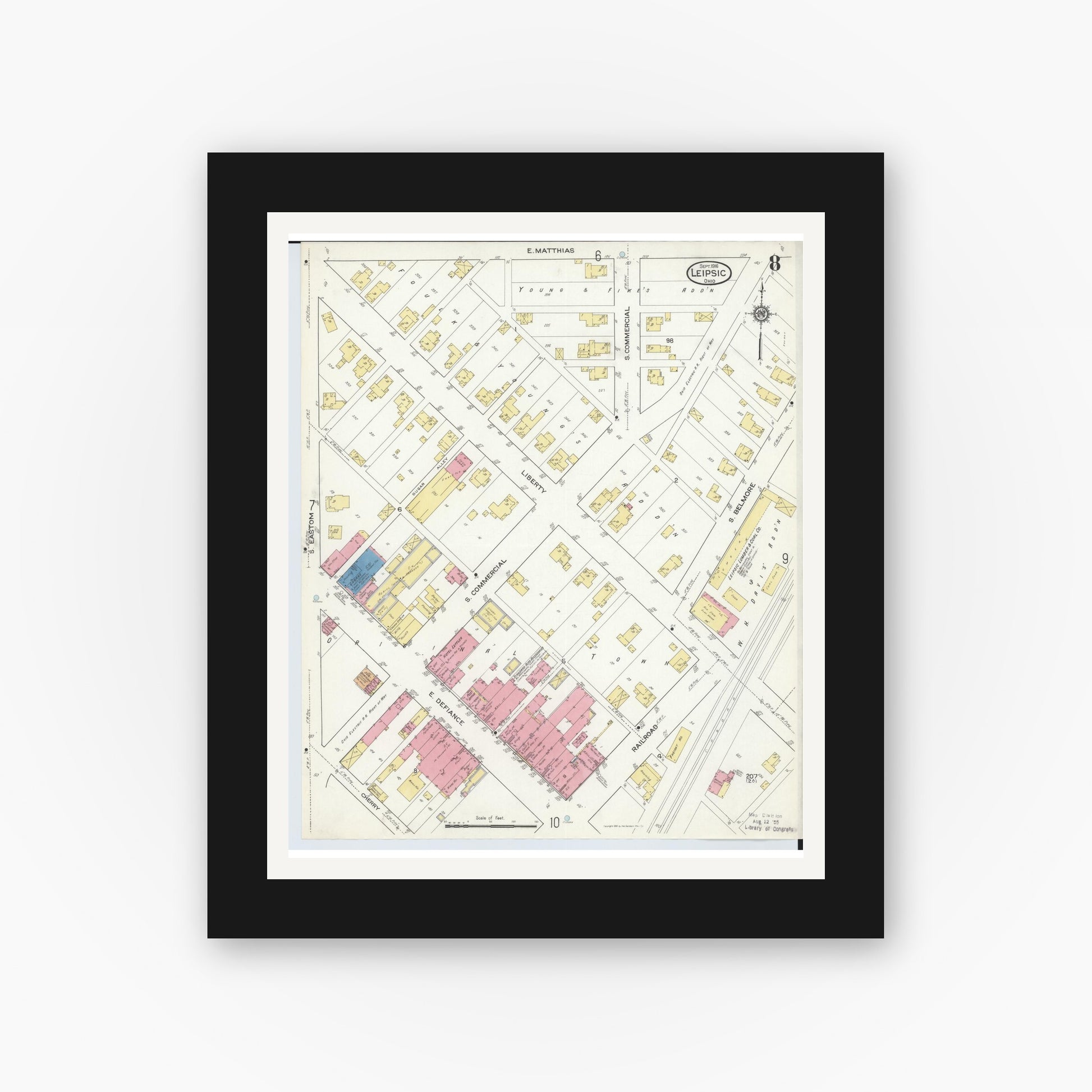 Old map wall art mockup — black gallery frame with white mat — Sanborn Fire Insurance Map from Leipsic, Putnam County, Ohio (1916), Sheet #0008