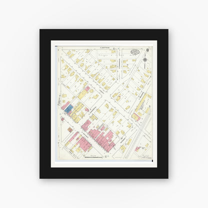 Old map wall art mockup — black gallery frame with white mat — Sanborn Fire Insurance Map from Leipsic, Putnam County, Ohio (1916), Sheet #0008
