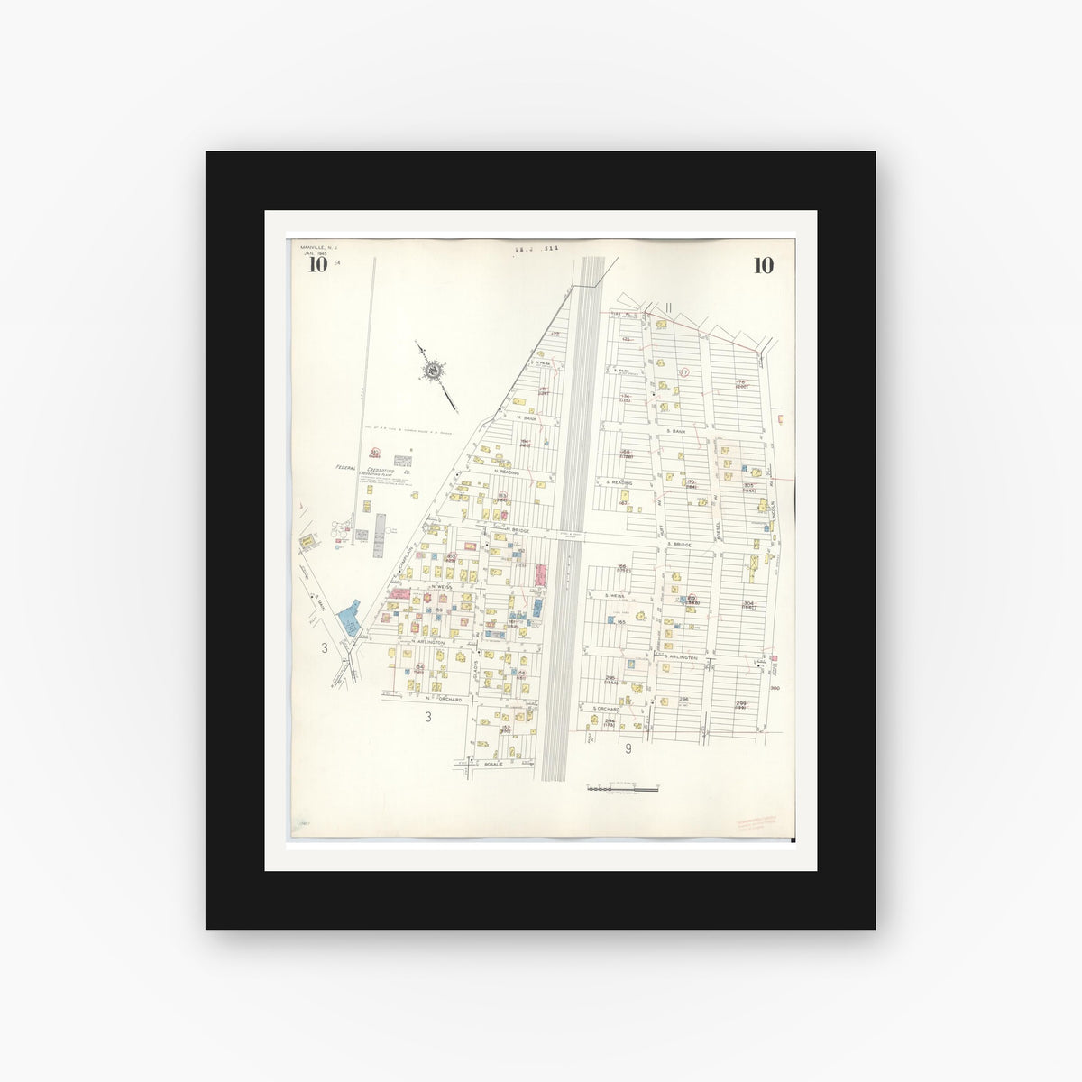 Old map wall art mockup — black gallery frame with white mat — Sanborn Fire Insurance Map from Manville, Somerset County, New Jersey (1949), Sheet #0010