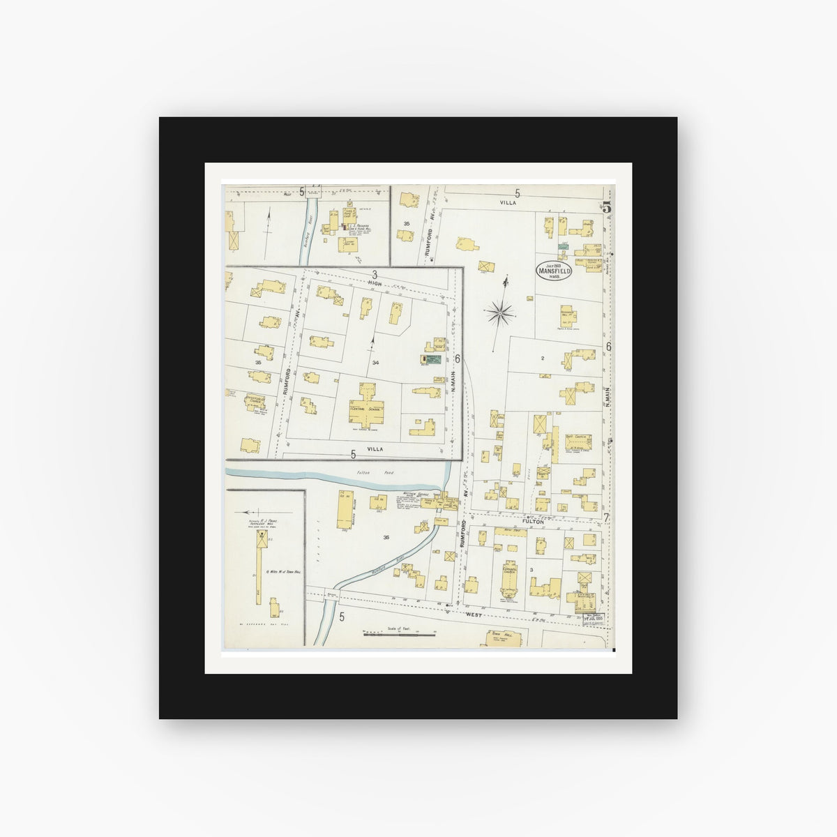 Old map wall art mockup — black gallery frame with white mat — Sanborn Fire Insurance Map from Mansfield, Bristol County, Massachusetts (1903), Sheet #0005