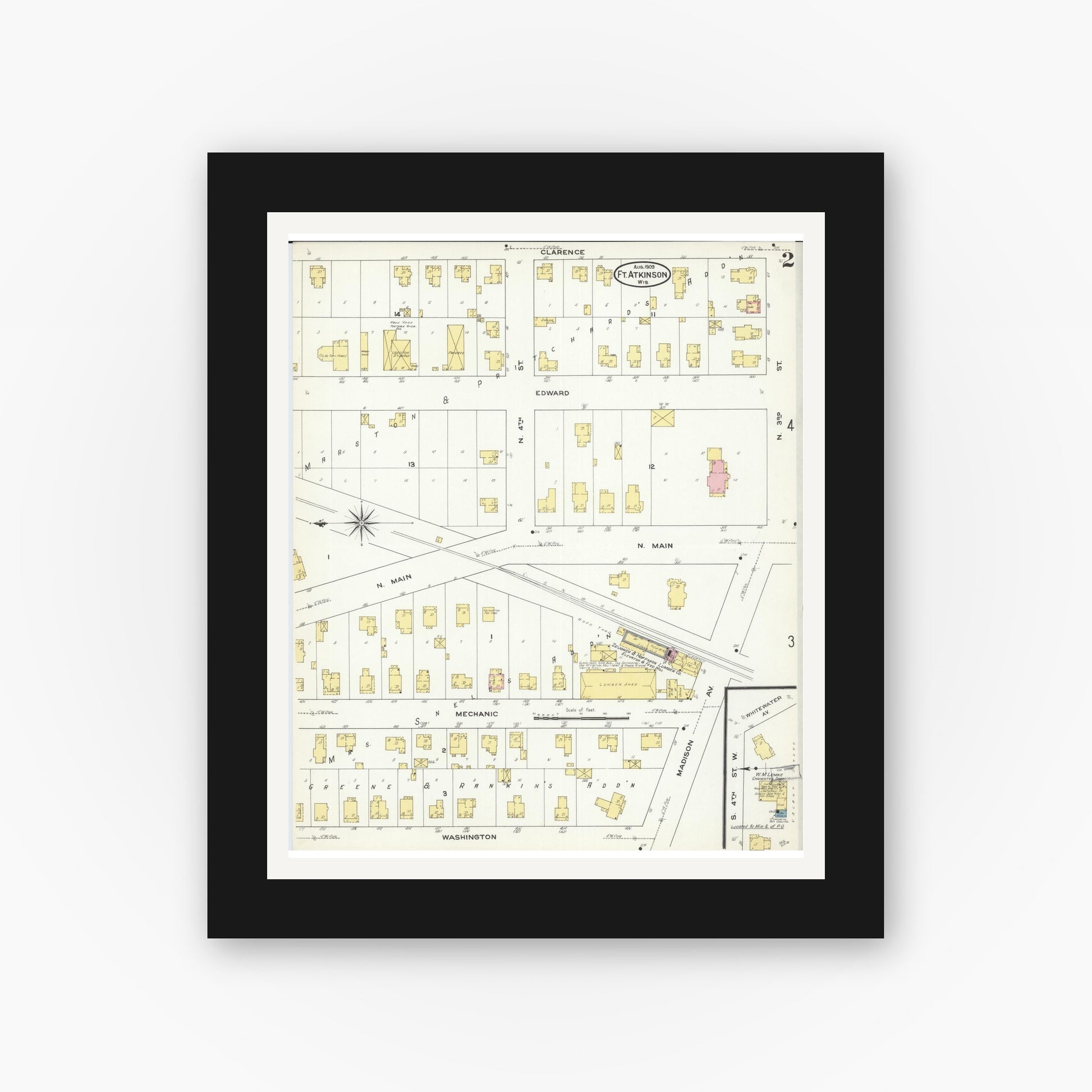 Old map wall art mockup — black gallery frame with white mat — Sanborn Fire Insurance Map from Fort Atkinson, Jefferson County, Wisconsin (1909), Sheet #0002