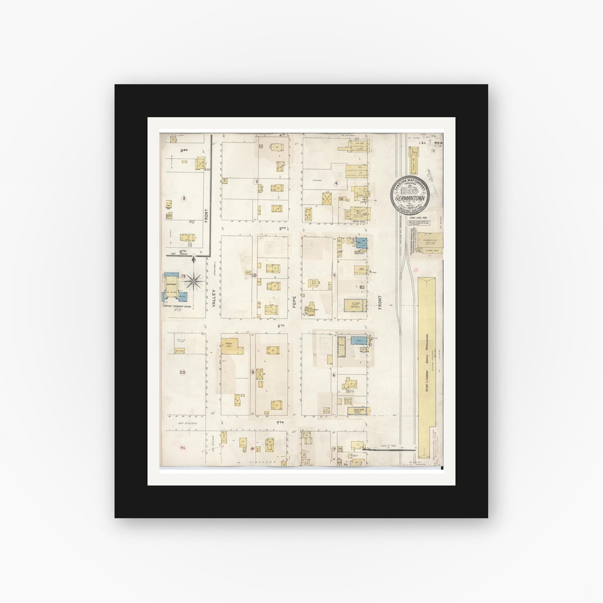 Old map wall art mockup — black gallery frame with white mat — Sanborn Fire Insurance Map from Germantown, Glenn County, California (1930), Sheet #0001