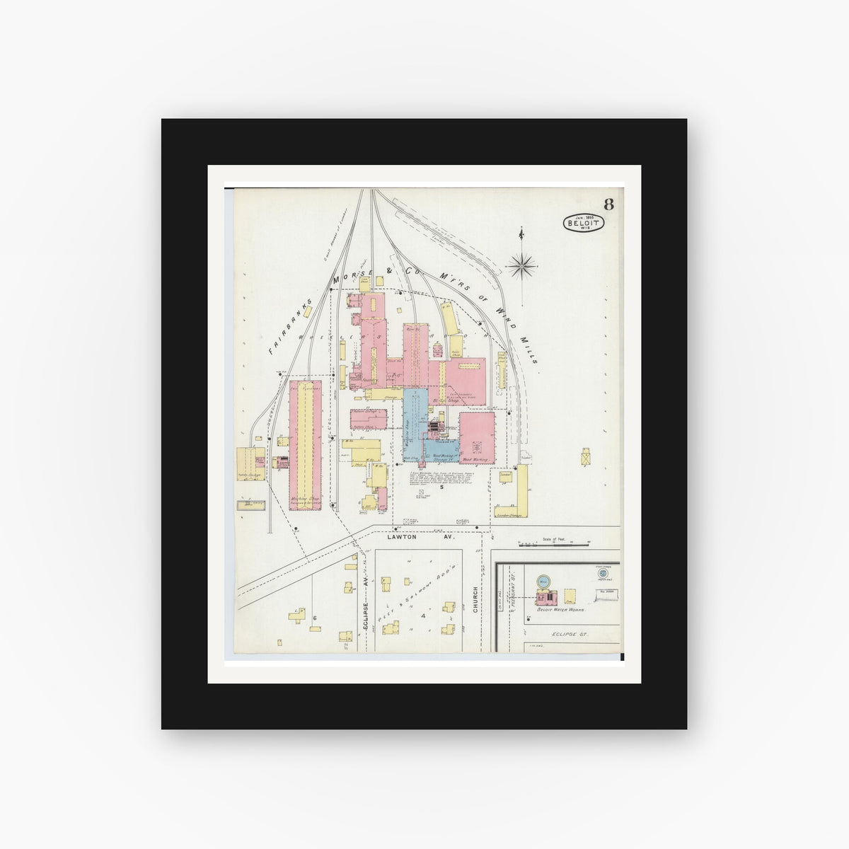 Old map wall art mockup — black gallery frame with white mat — Sanborn Fire Insurance Map from Beloit, Rock County, Wisconsin (1895), Sheet #0008