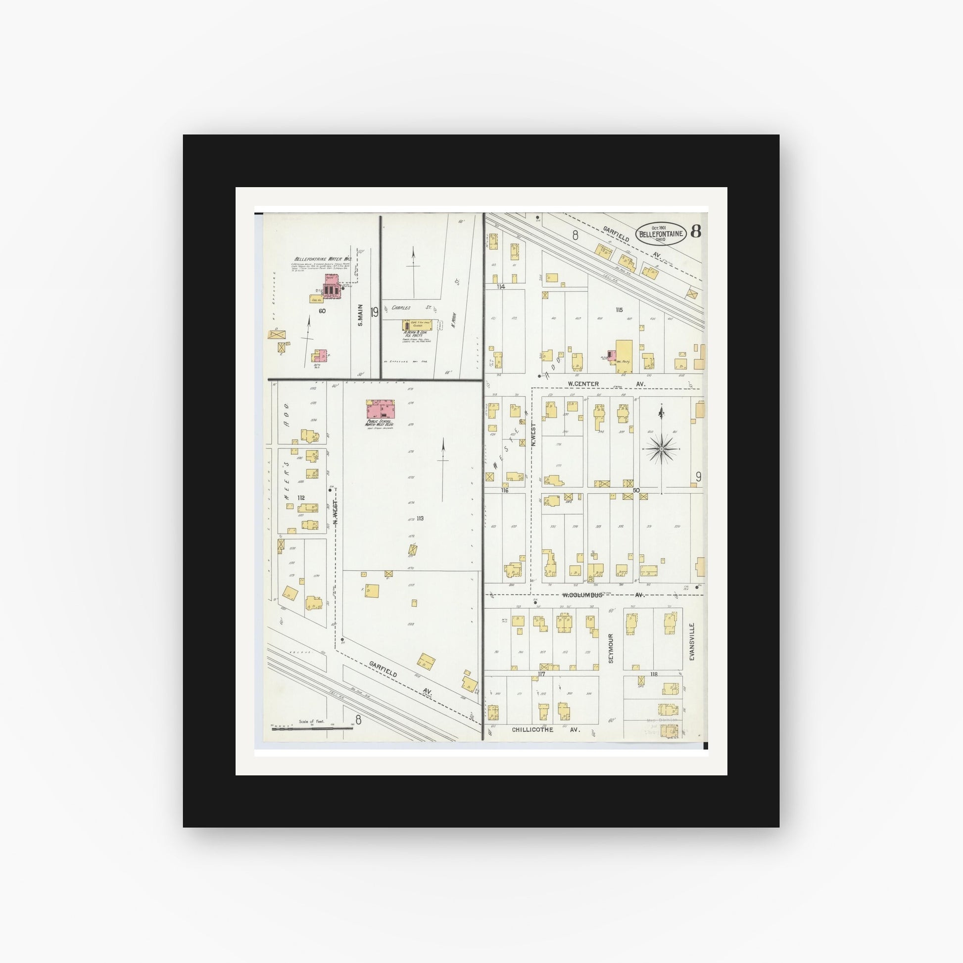 Old map wall art mockup — black gallery frame with white mat — Sanborn Fire Insurance Map from Bellefontaine, Logan County, Ohio (1901), Sheet #0008