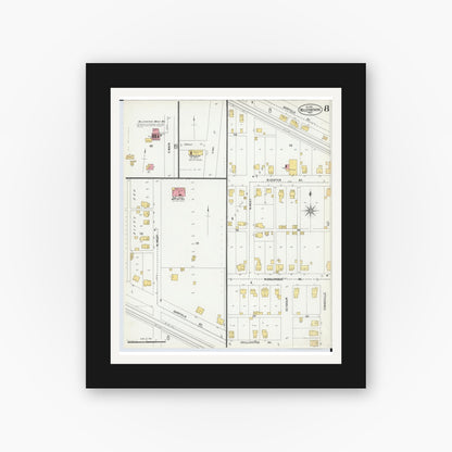 Old map wall art mockup — black gallery frame with white mat — Sanborn Fire Insurance Map from Bellefontaine, Logan County, Ohio (1901), Sheet #0008
