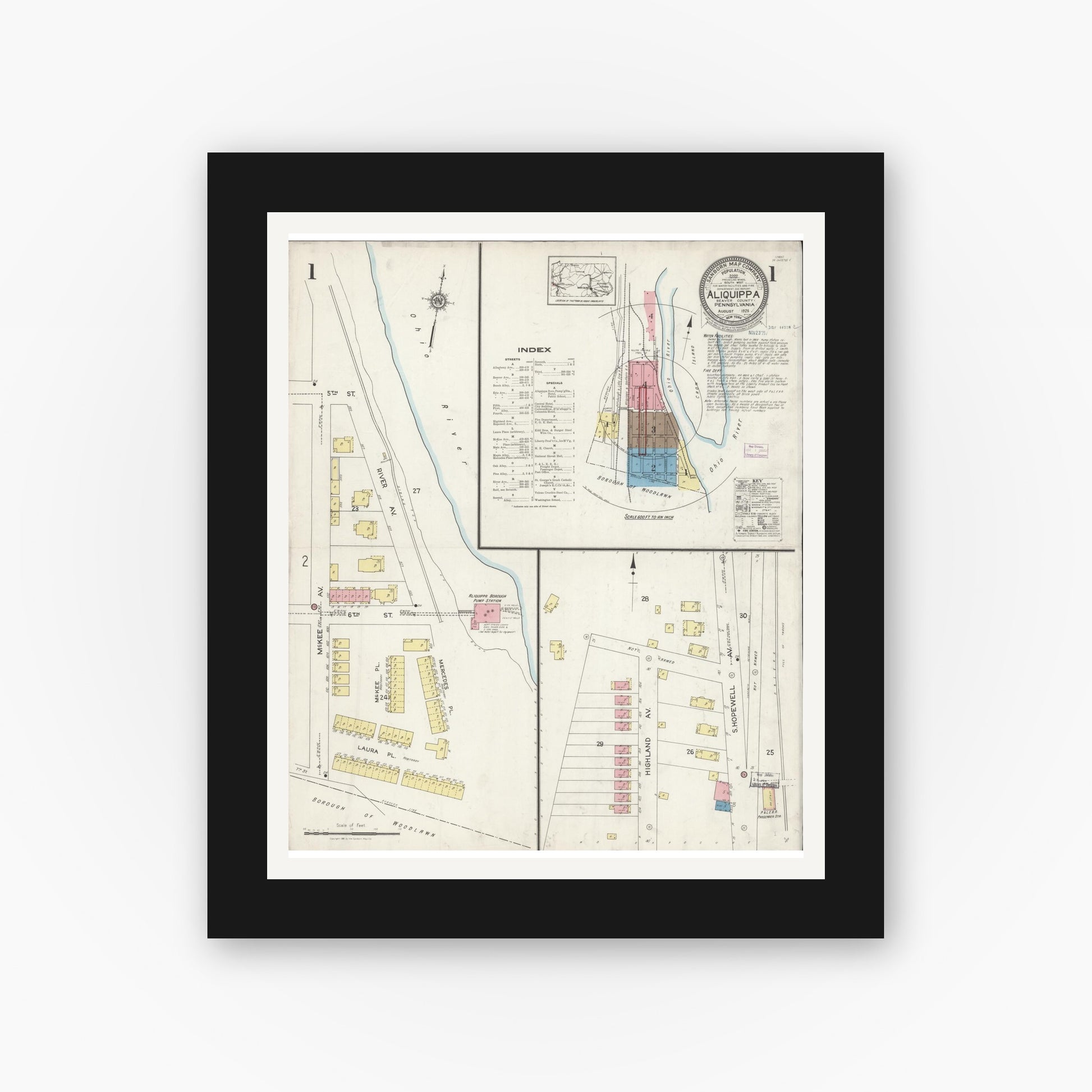Old map wall art mockup — black gallery frame with white mat — Sanborn Fire Insurance Map from Aliquippa, Beaver County, Pennsylvania (1925), Sheet #0001