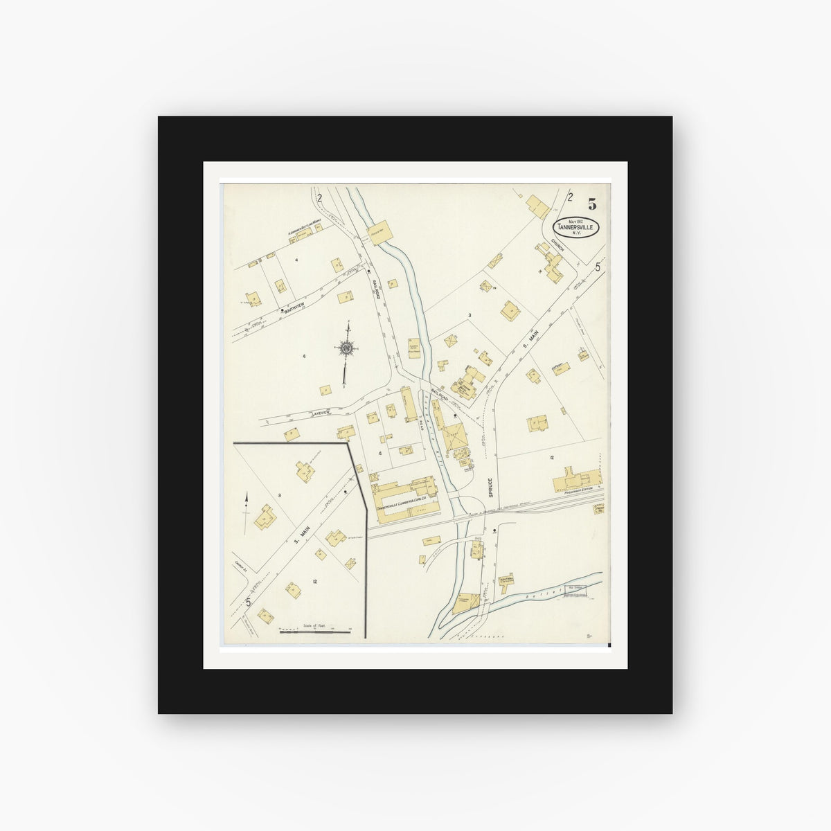 Old map wall art mockup — black gallery frame with white mat — Sanborn Fire Insurance Map from Tannersville, Greene County, New York (1912), Sheet #0005