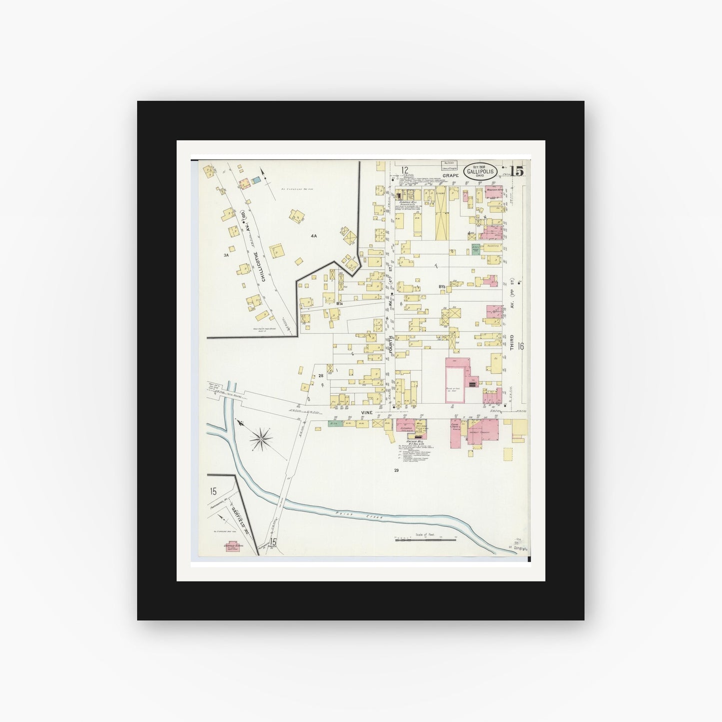 Old map wall art mockup — black gallery frame with white mat — Sanborn Fire Insurance Map from Gallipolis, Gallia County, Ohio (1908), Sheet #0015