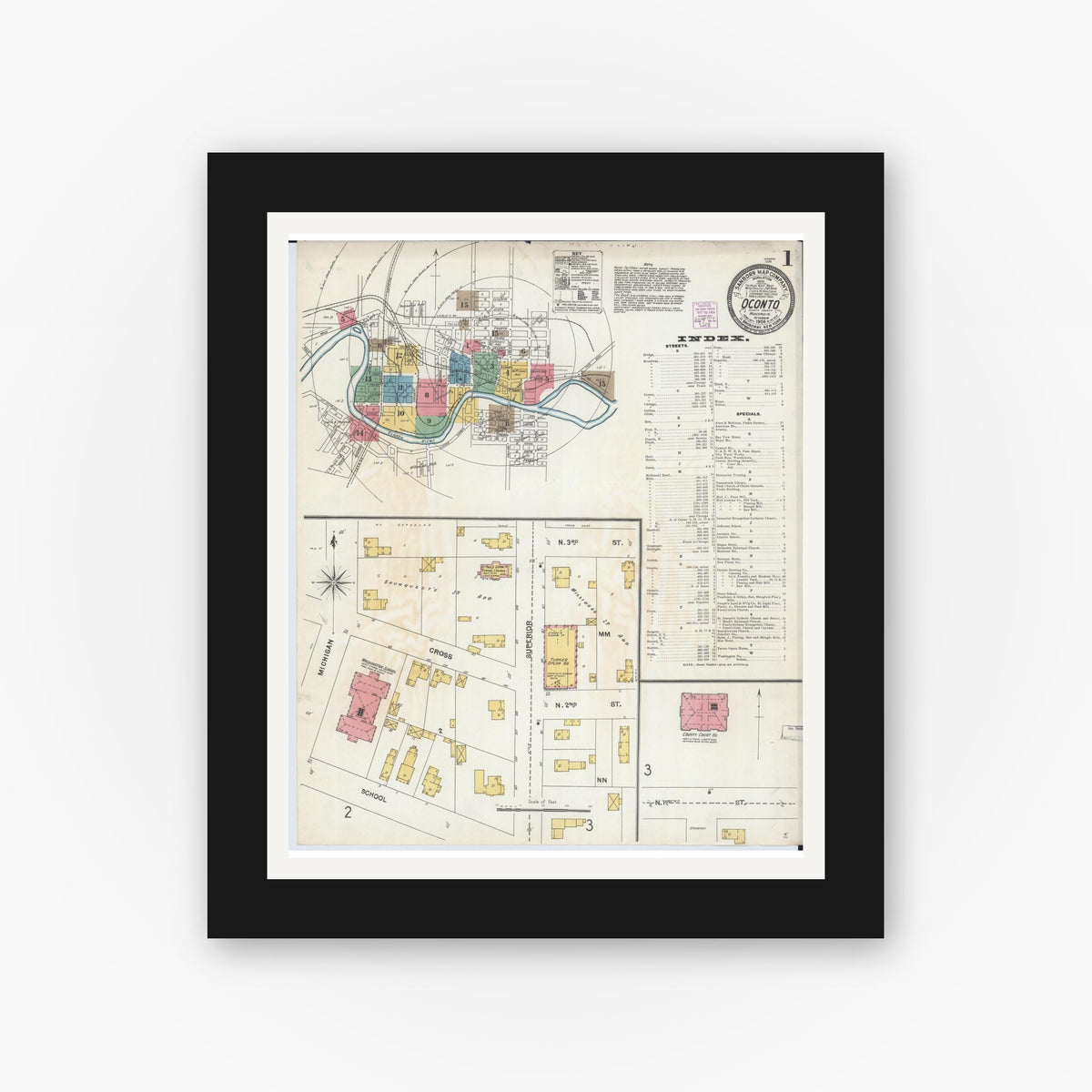 Old map wall art mockup — black gallery frame with white mat — Sanborn Fire Insurance Map from Oconto, Oconto County, Wisconsin (1904) - Complete Map Set