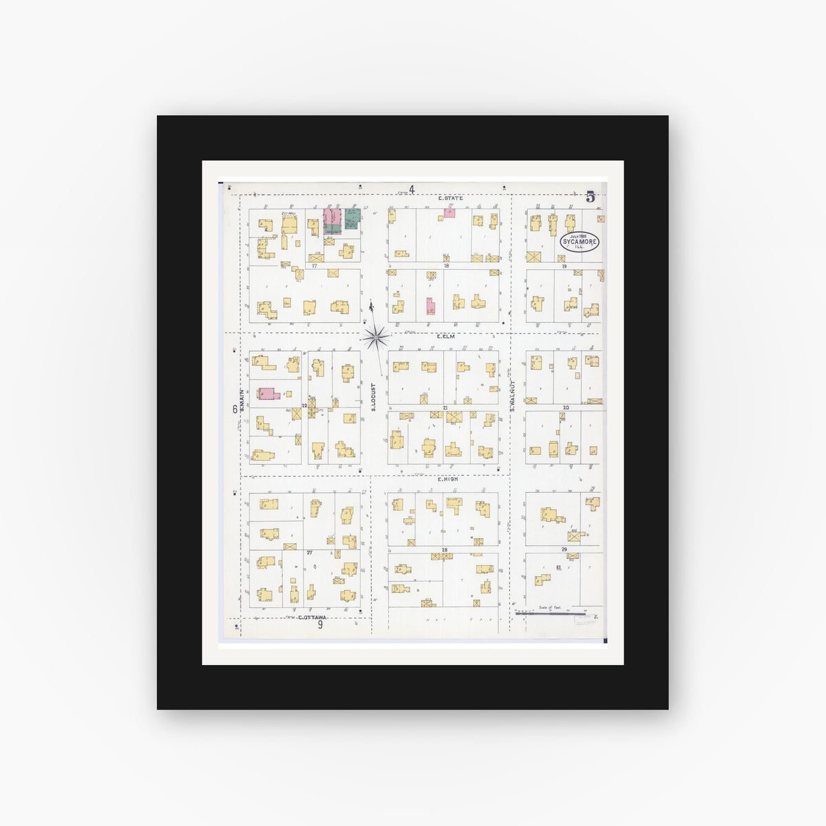 Old map wall art mockup — black gallery frame with white mat — Sanborn Fire Insurance Map from Sycamore, De Kalb County, Illinois (1905), Sheet #0005