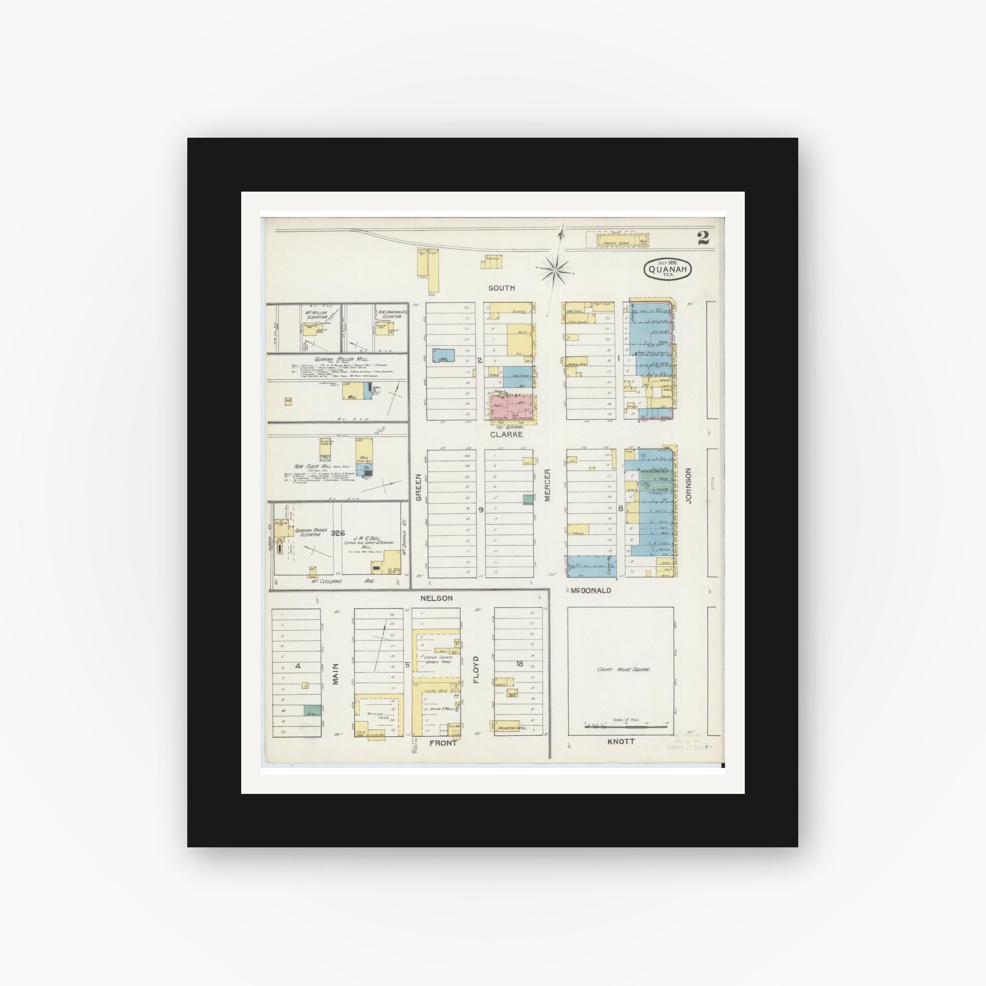 Old map wall art mockup — black gallery frame with white mat — Sanborn Fire Insurance Map from Quanah, Hardeman County, Texas (1892), Sheet #0002