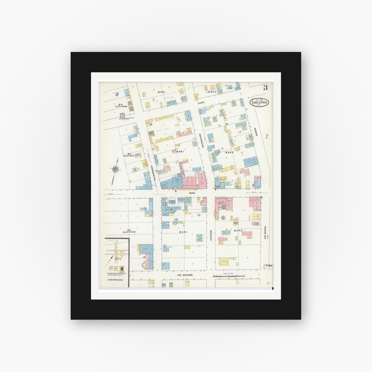 Old map wall art mockup — black gallery frame with white mat — Sanborn Fire Insurance Map from Eagle Pass, Maverick County, Texas (1910), Sheet #0003