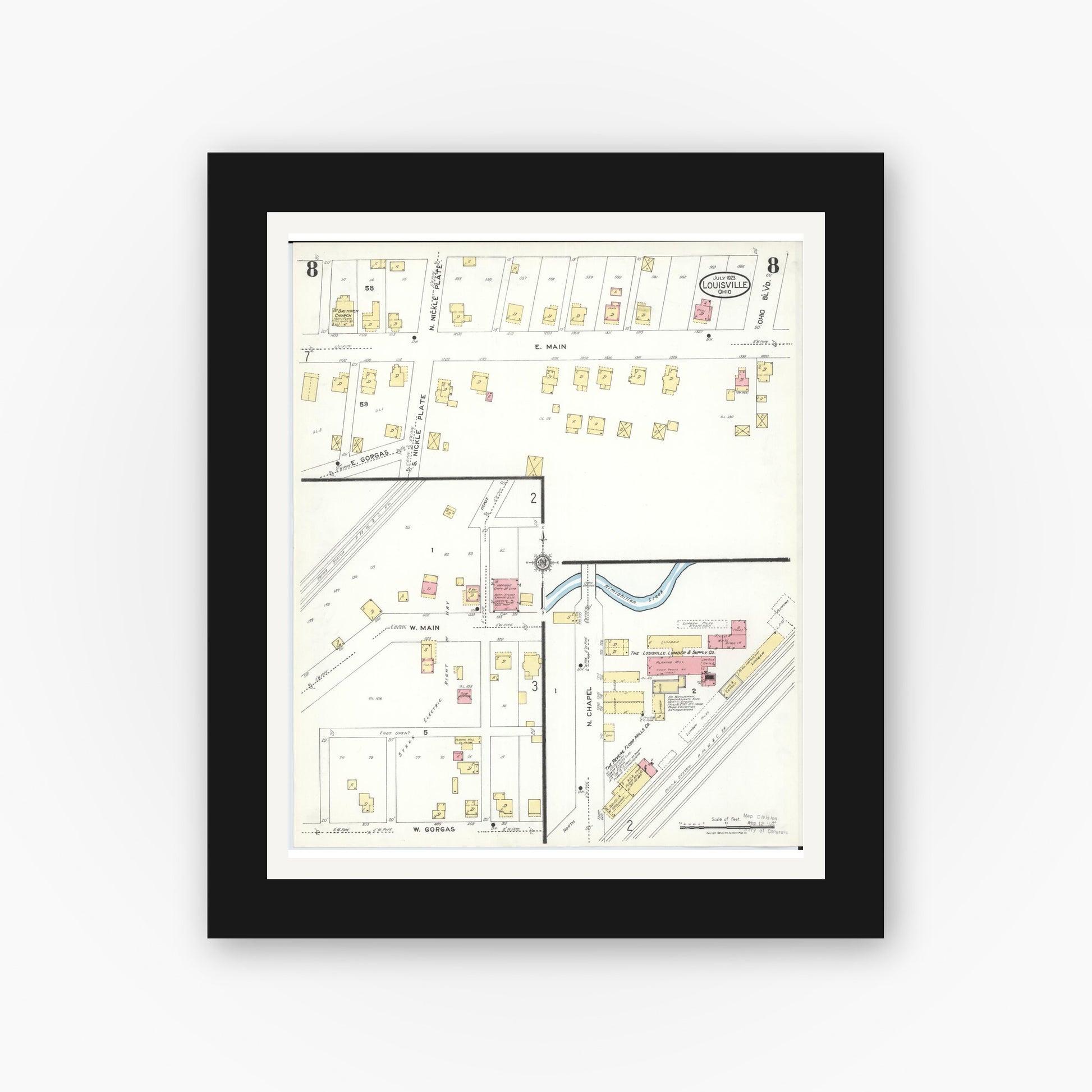 Old map wall art mockup — black gallery frame with white mat — Sanborn Fire Insurance Map from Louisville, Stark County, Ohio (1923), Sheet #0008