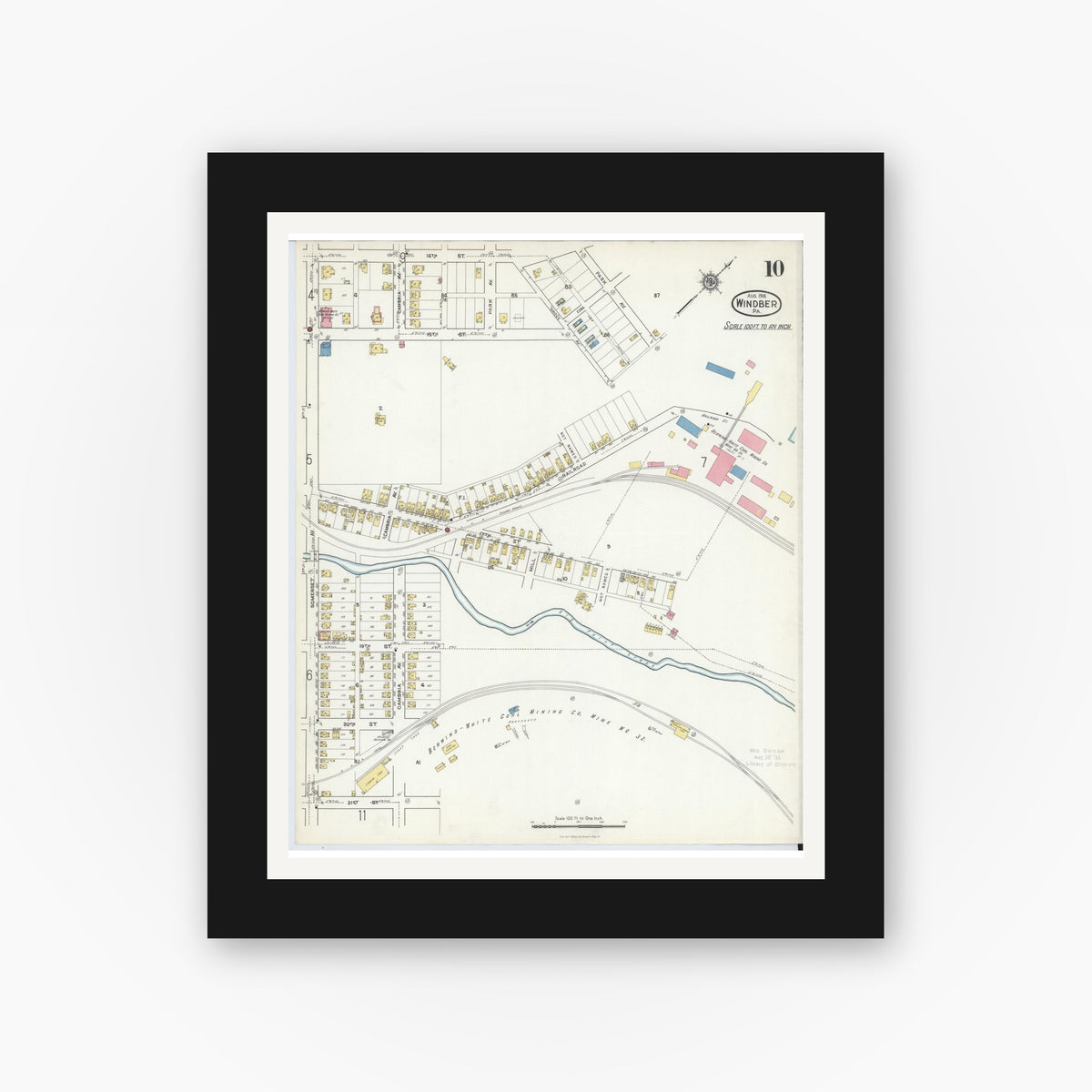 Old map wall art mockup — black gallery frame with white mat — Sanborn Fire Insurance Map from Windber, Somerset County, Pennsylvania (1916), Sheet #0010