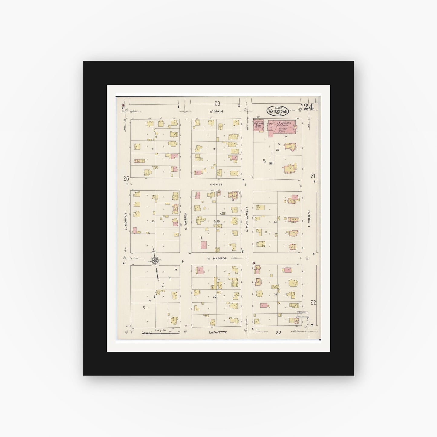 Old map wall art mockup — black gallery frame with white mat — Sanborn Fire Insurance Map from Watertown, Jefferson County, Wisconsin (1915), Sheet #0025