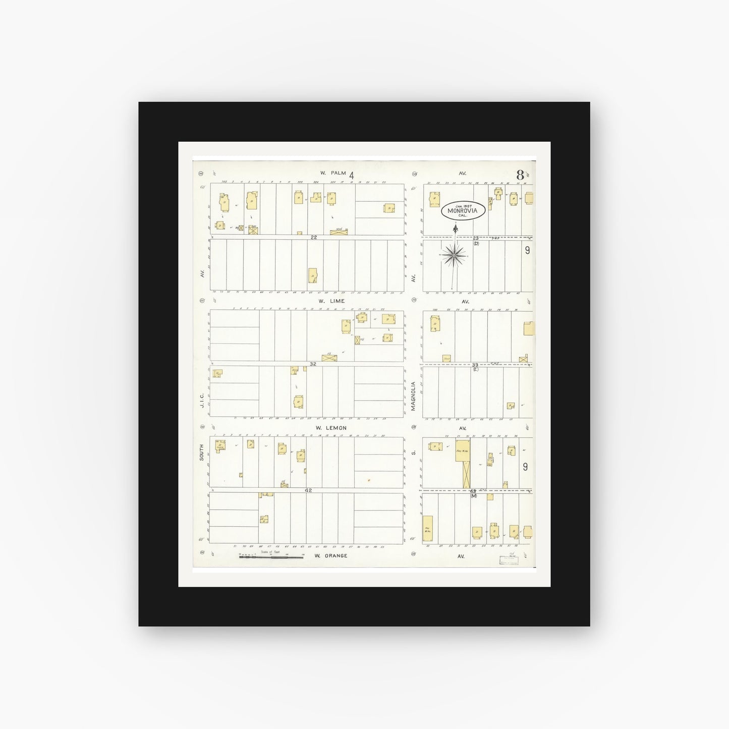 Old map wall art mockup — black gallery frame with white mat — Sanborn Fire Insurance Map from Monrovia, Los Angeles County, California (1907), Sheet #0008