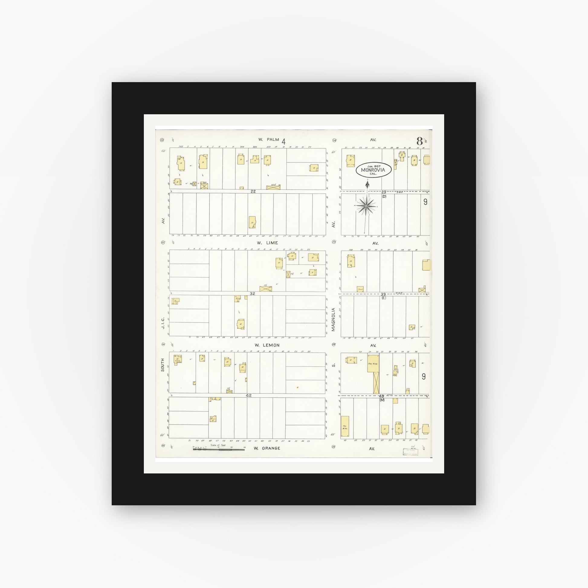 Old map wall art mockup — black gallery frame with white mat — Sanborn Fire Insurance Map from Monrovia, Los Angeles County, California (1907), Sheet #0008