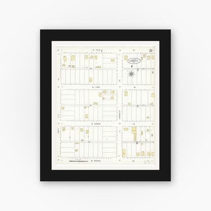 Old map wall art mockup — black gallery frame with white mat — Sanborn Fire Insurance Map from Monrovia, Los Angeles County, California (1907), Sheet #0008