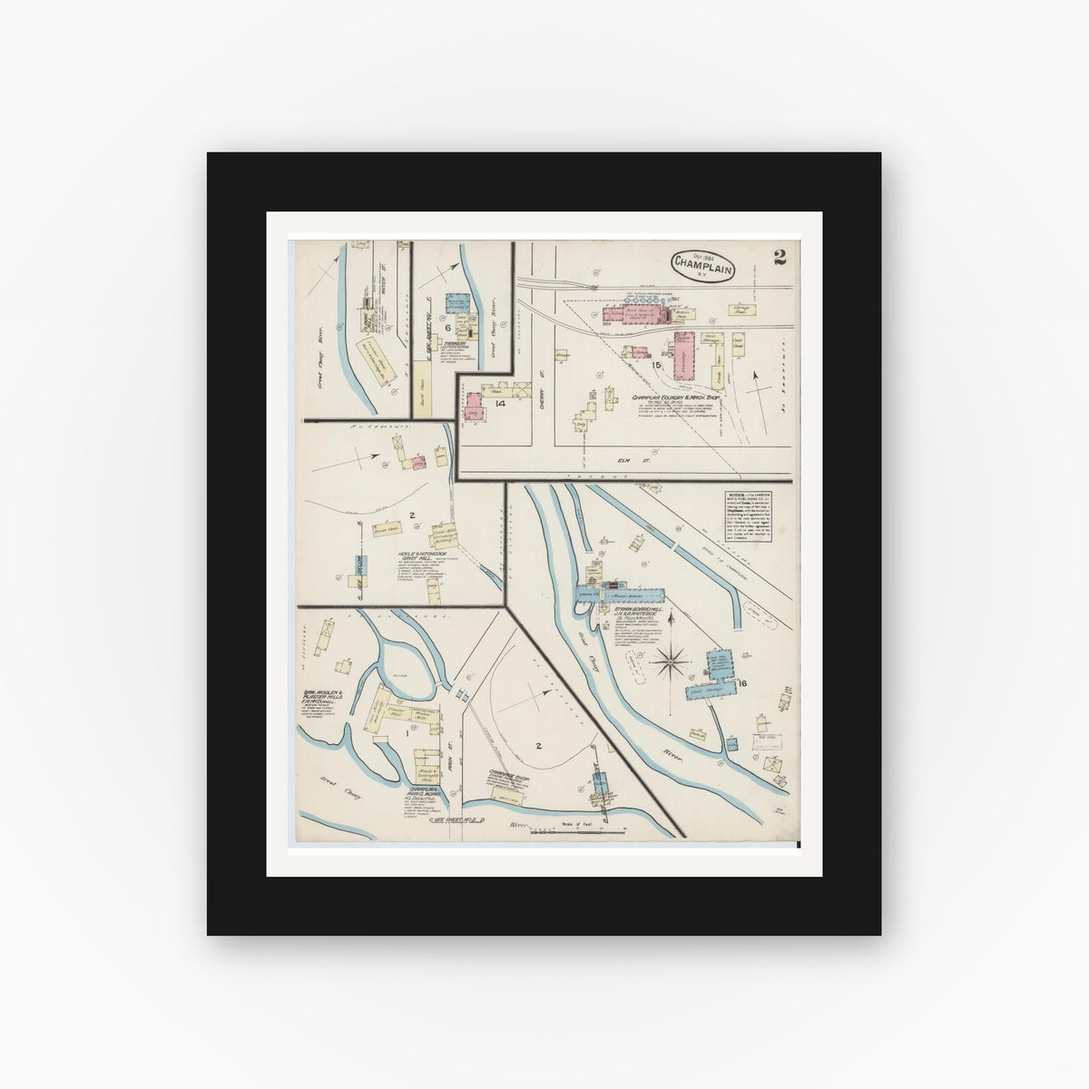 Old map wall art mockup — black gallery frame with white mat — Sanborn Fire Insurance Map from Champlain, Clinton County, New York (1884), Sheet #0002