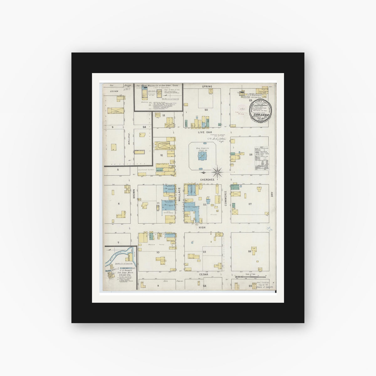 Old map wall art mockup — black gallery frame with white mat — Sanborn Fire Insurance Map from San Saba, San Saba County, Texas (1894), Sheet #0001